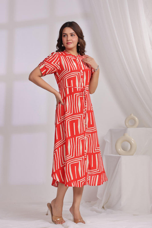Contemporary Red Graphic Pattern Russian Silk Shirt Dress