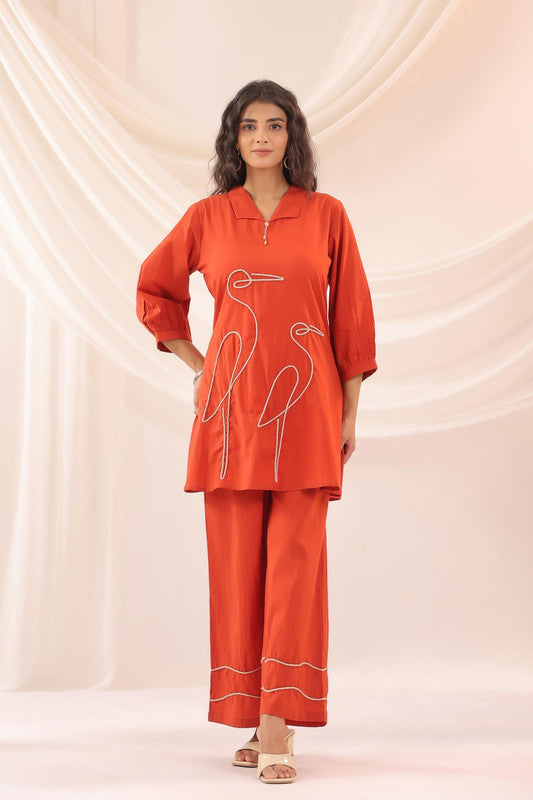 Rust Red Crane Embroidered Cotton Co-ord Set
