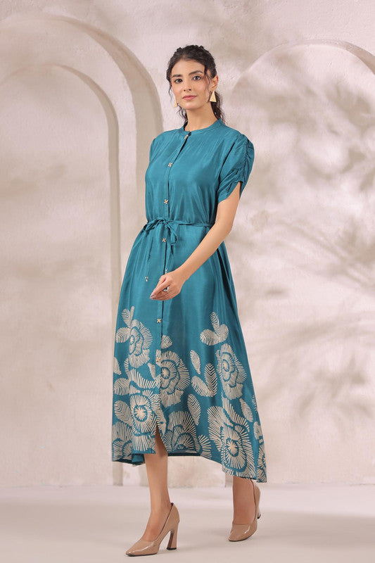 Teal Green Handcrafted Floral Printed Russian Silk Midi Dress