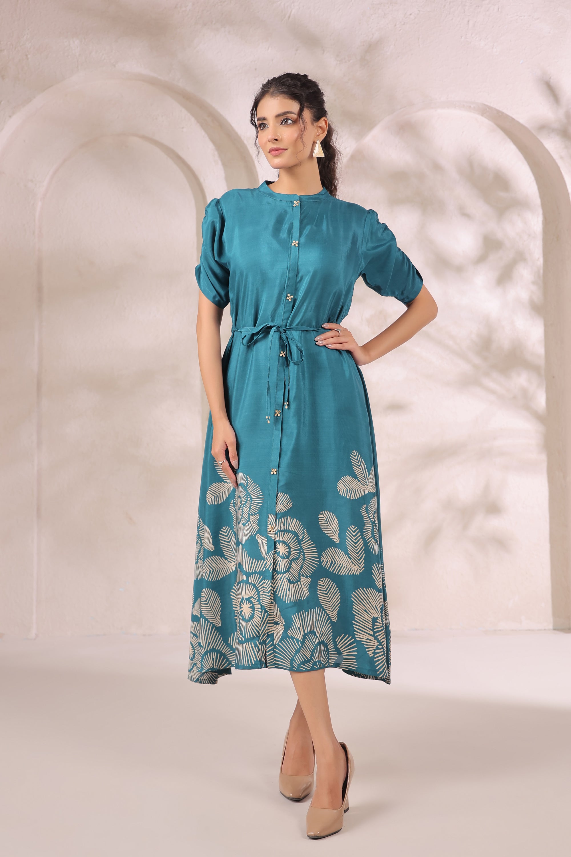 Teal Green Handcrafted Floral Russian Silk Midi Dress