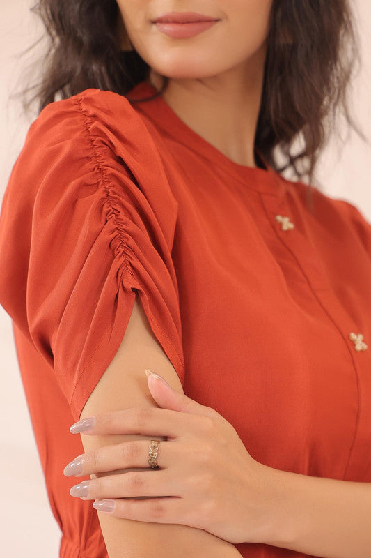 Orange Abstract Floral Russian Silk Midi Dress