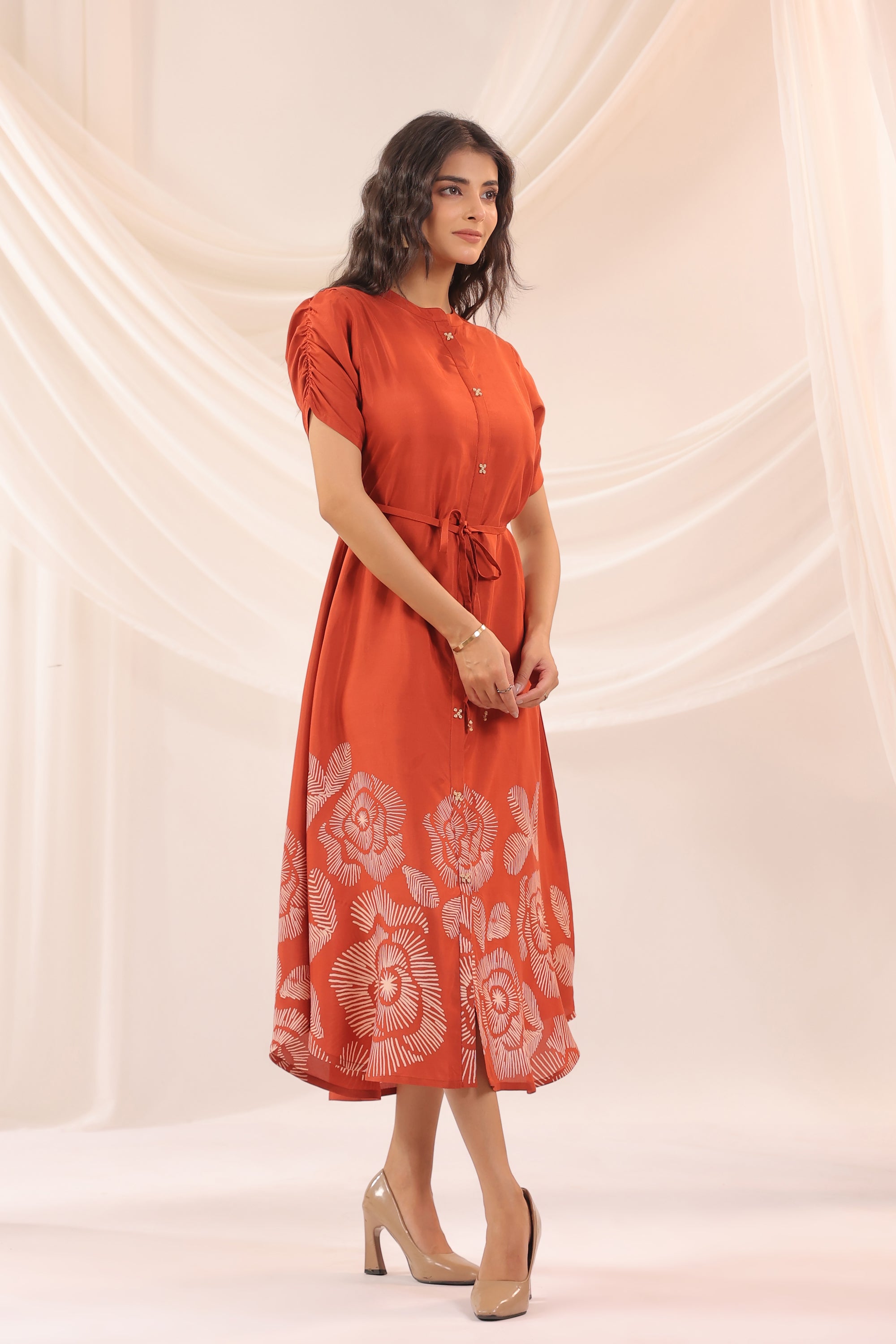Rust Abstract Floral Russian Silk Midi Dress