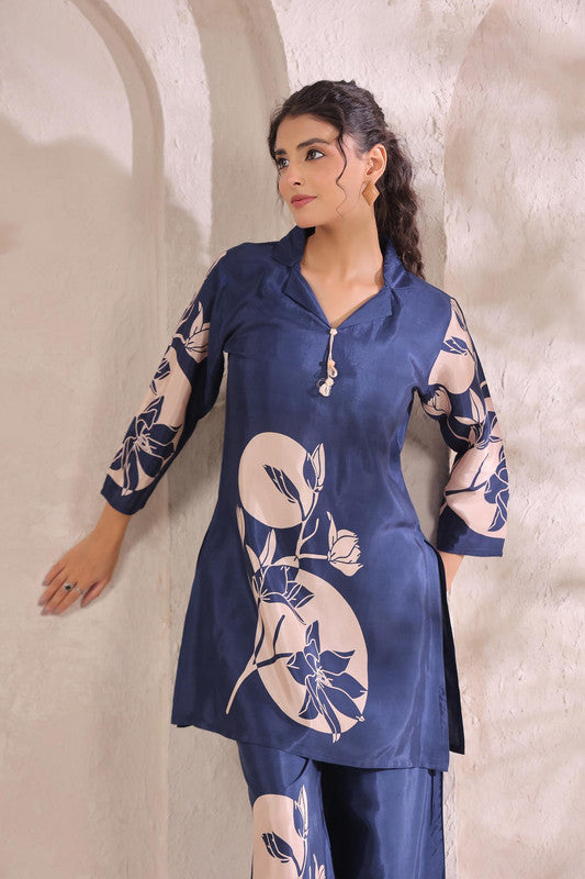 Midnight Bloom Floral Blue Printed Russian Silk Co-ord Set