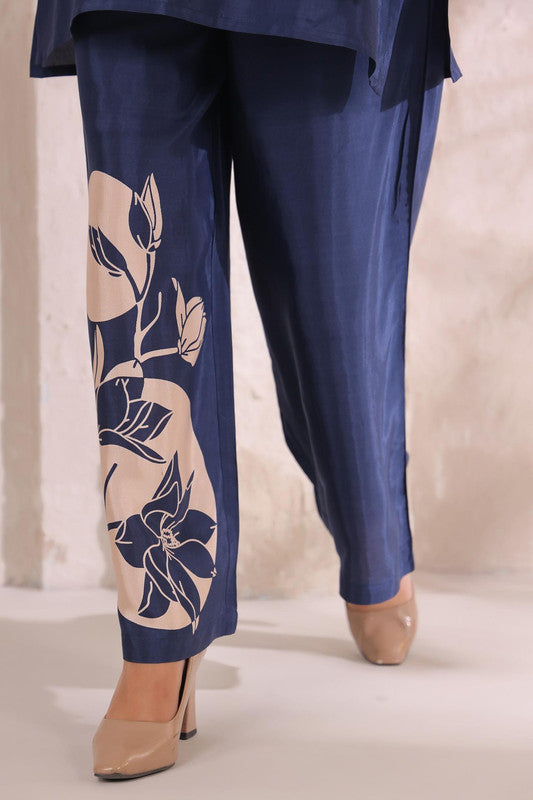 Midnight Bloom Floral Blue Printed Russian Silk Co-ord Set