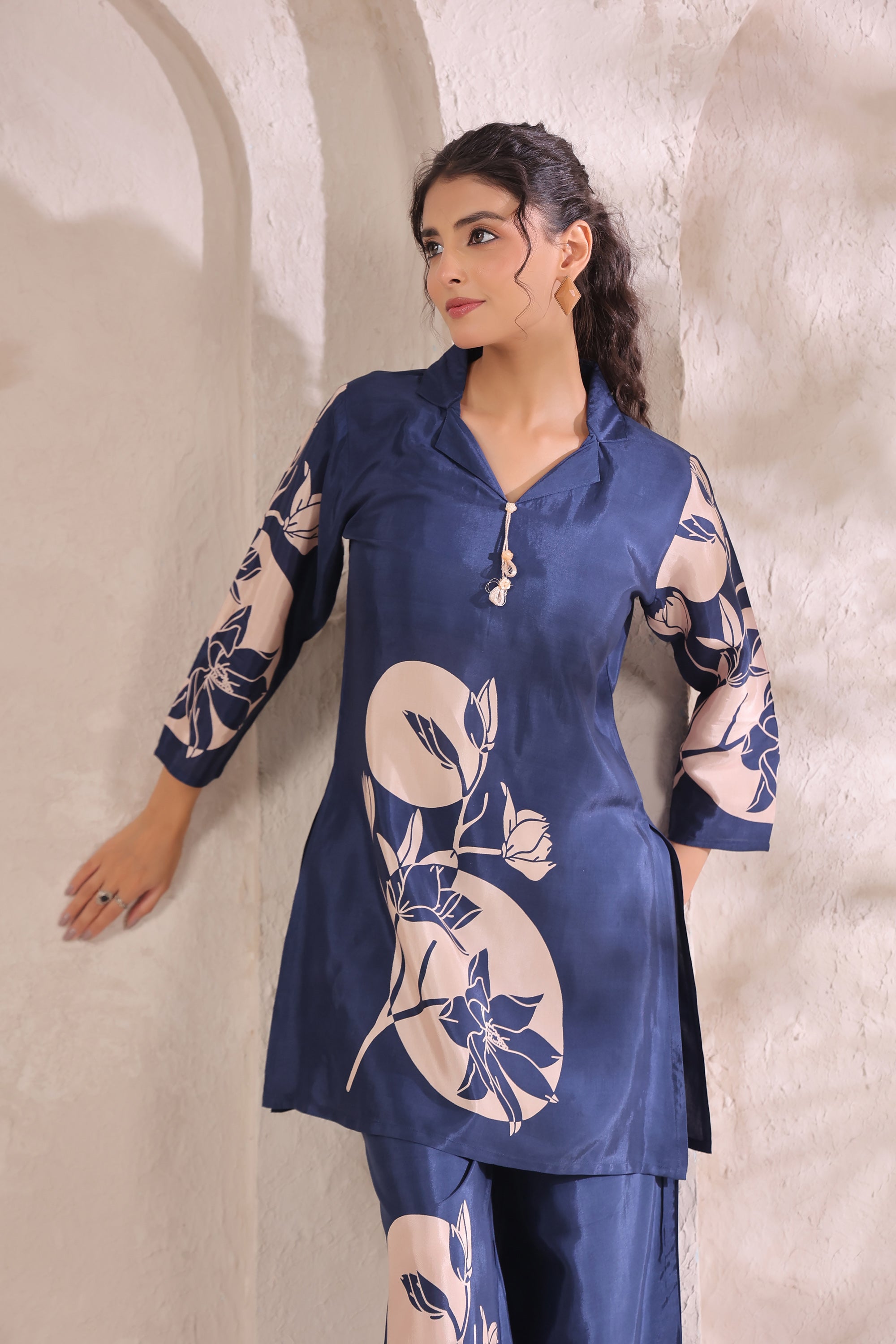 Midnight Bloom Floral Blue Printed Russian Silk Co-ord Set