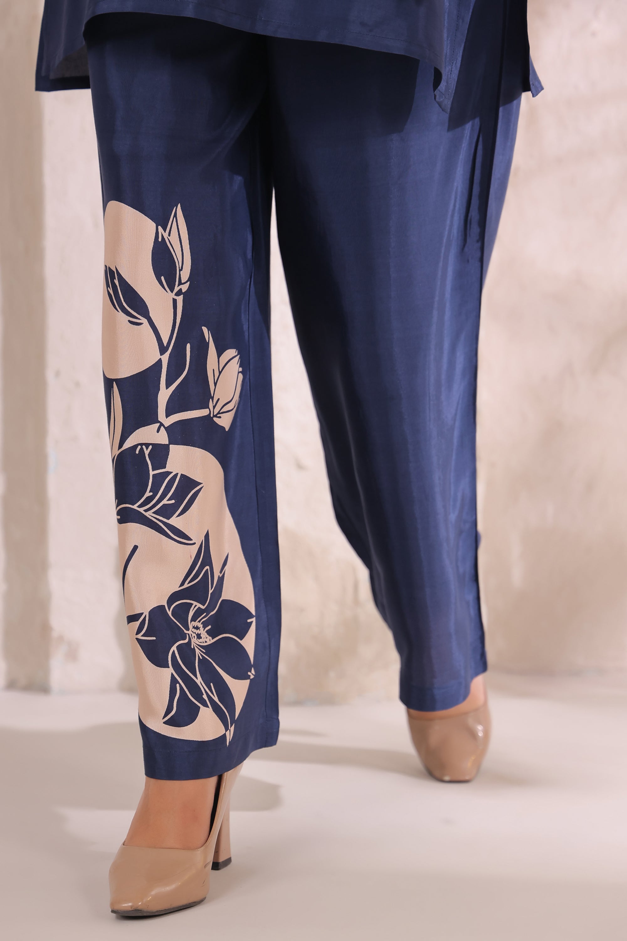 Midnight Bloom Floral Blue Printed Russian Silk Co-ord Set