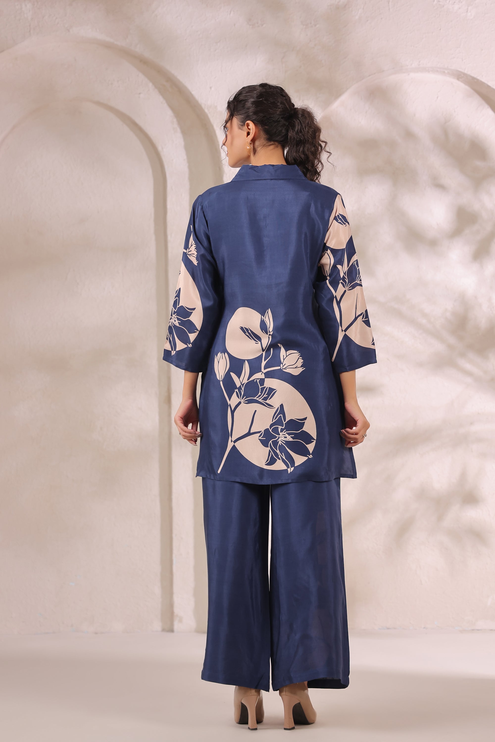 Midnight Bloom Floral Blue Printed Russian Silk Co-ord Set