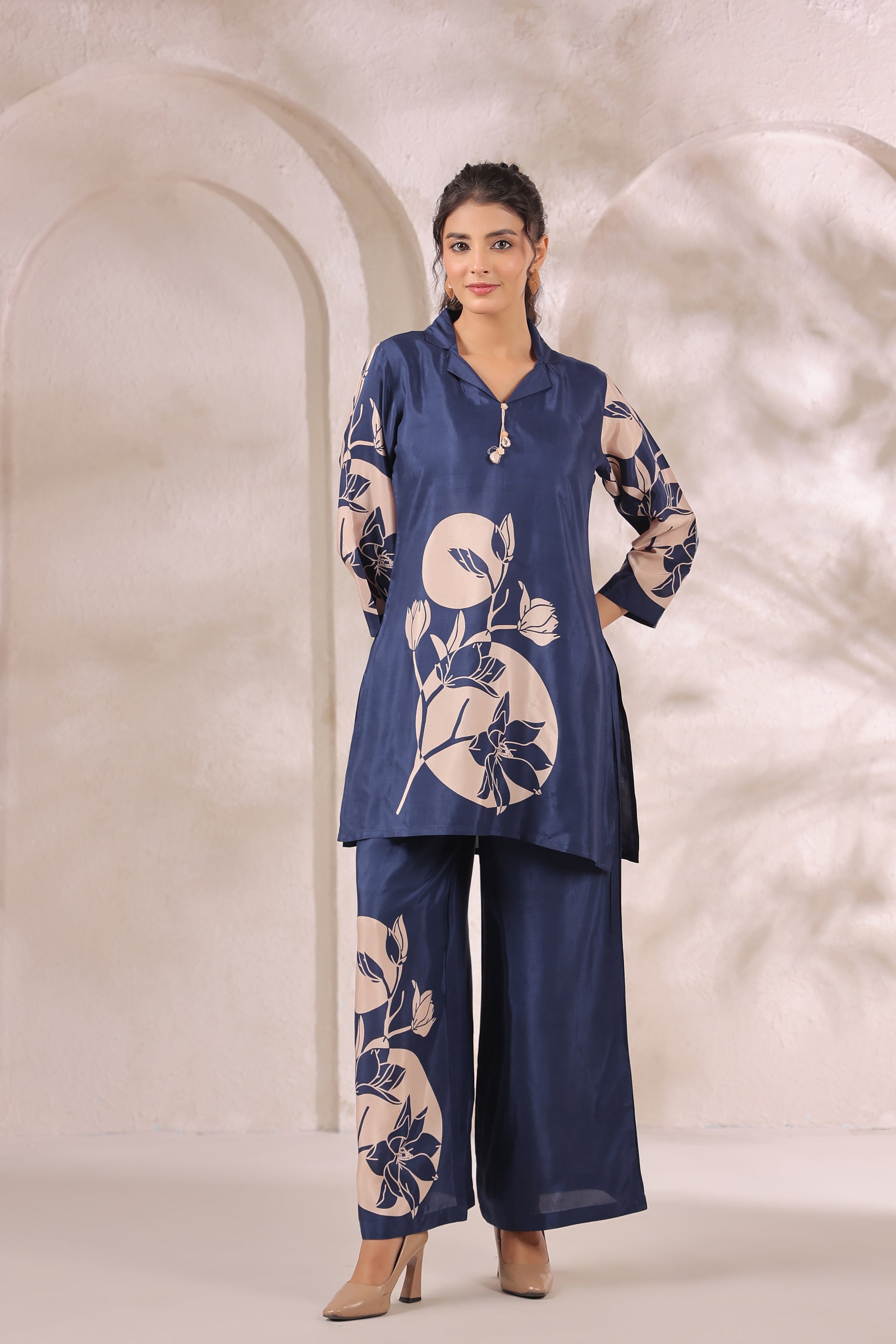 Midnight Bloom Floral Blue Printed Russian Silk Co-ord Set