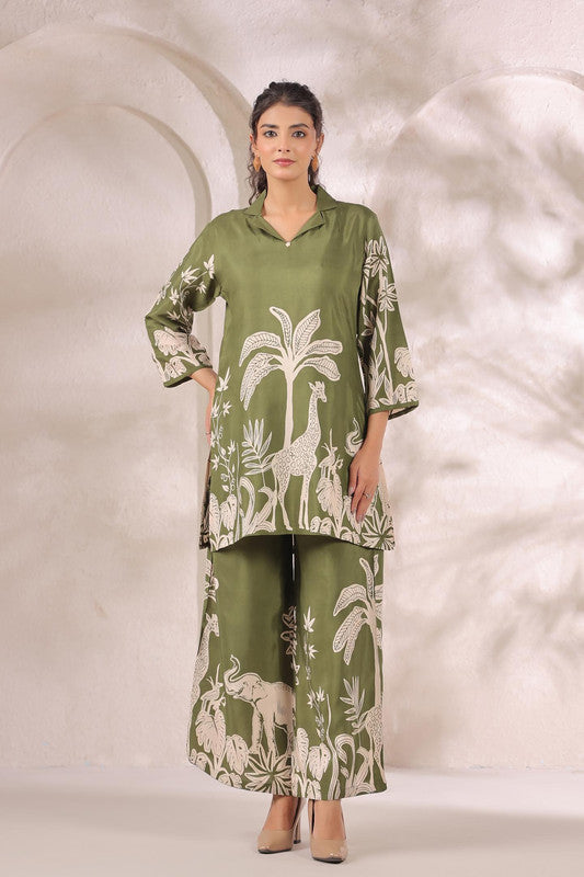 Tropical Jungle Olive Printed Russian Silk Co-ord Set