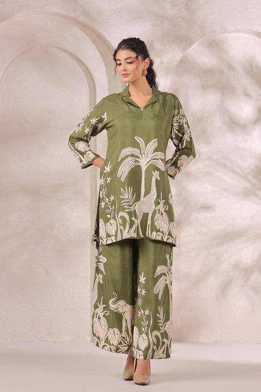 Tropical Jungle Olive Printed Russian Silk Co-ord Set