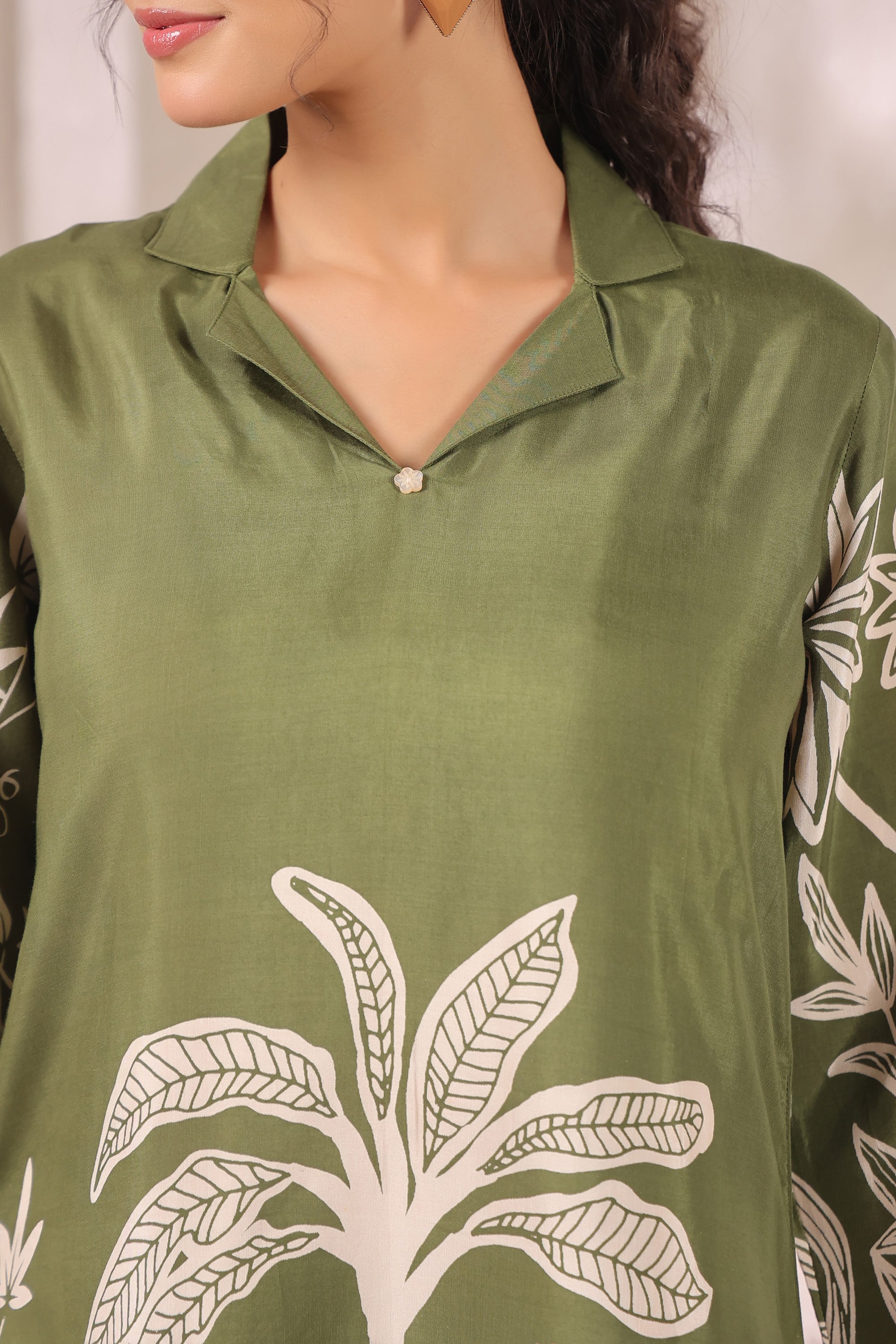 Tropical Jungle Olive Printed Russian Silk Co-ord Set