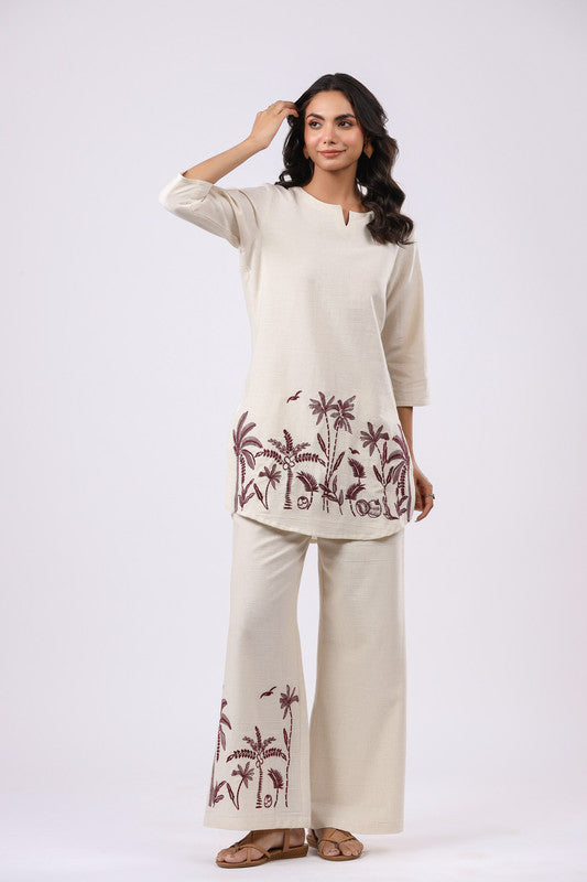 Tropical Oasis Embroidered White Cotton Flex Co-ord Set