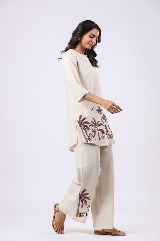 Tropical Oasis Embroidered White Cotton Flex Co-ord Set