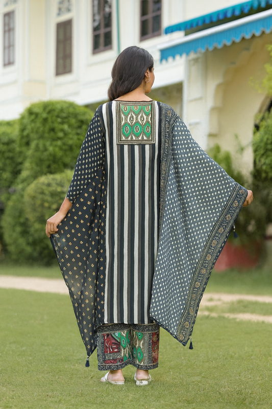 Black & Ivory Striped Printed Kaftan Set