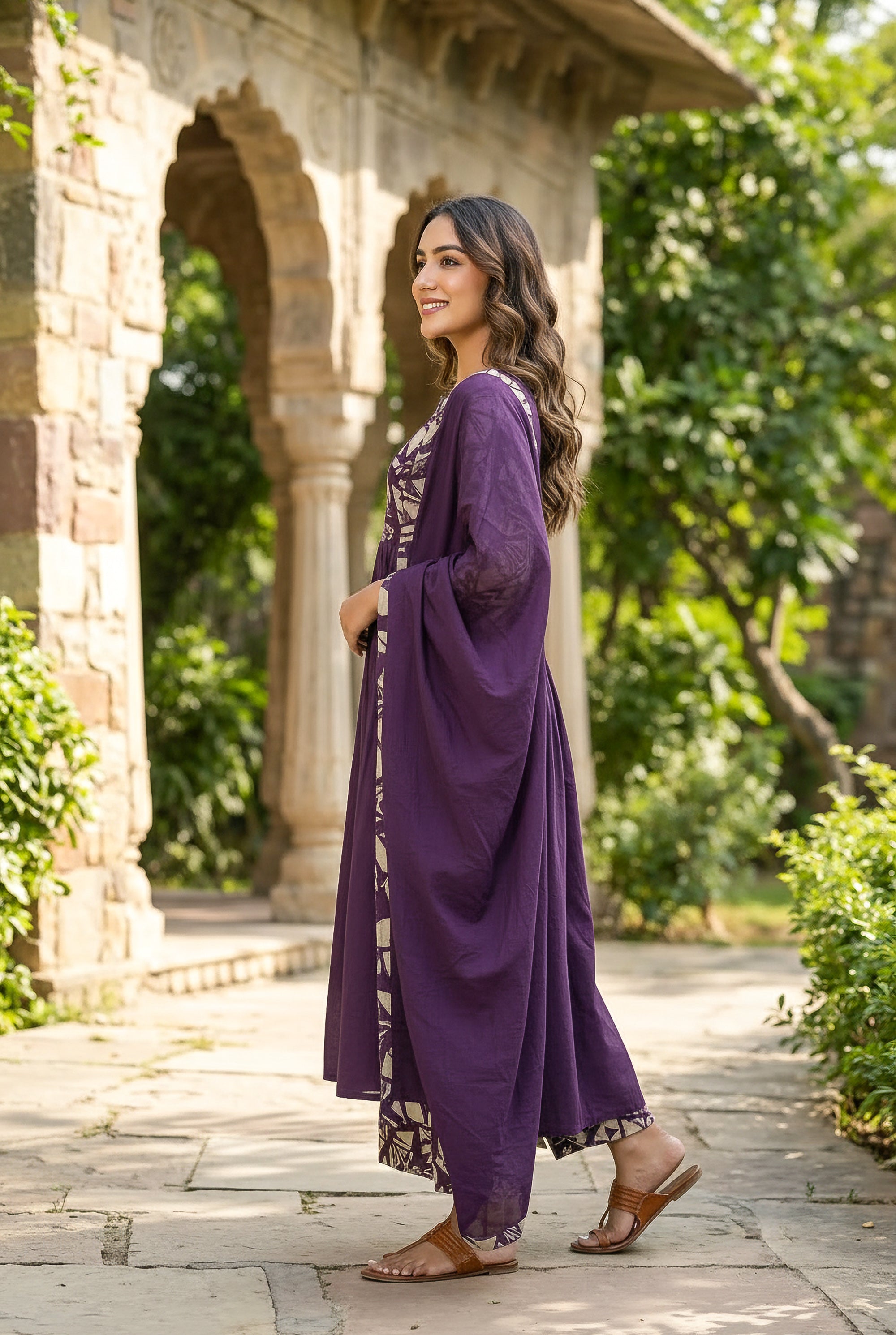 Purple Printed Cotton Kurta Set with Dupatta