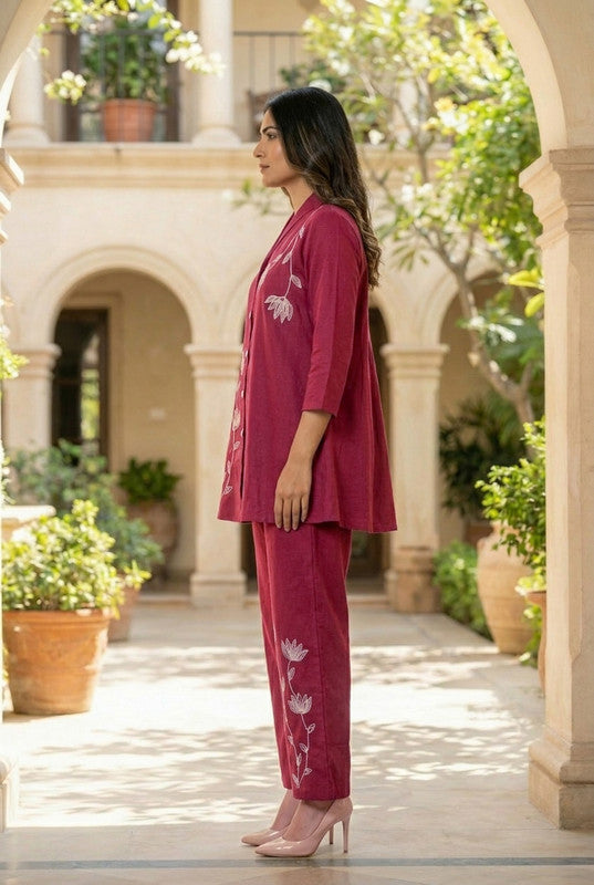 Maroon Floral Elegance Threadwork Embroidered Cotton Co-ord Set
