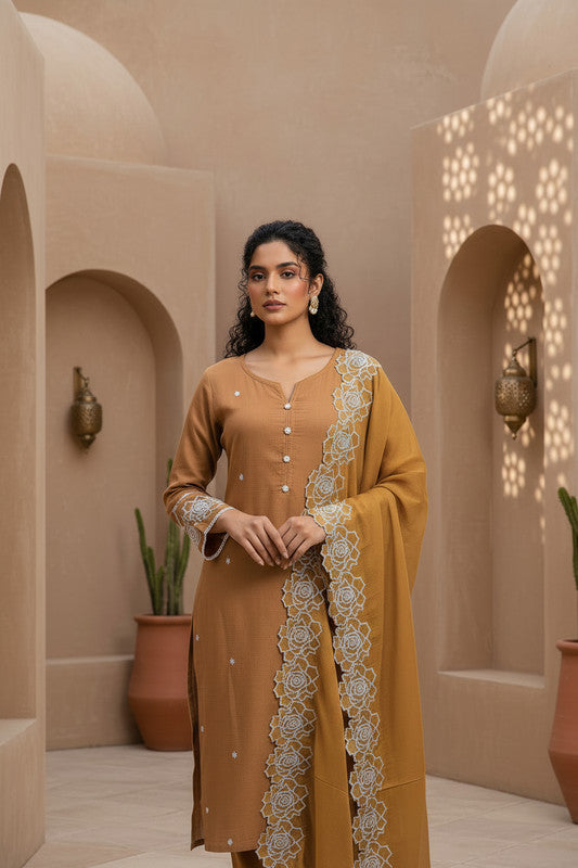 Brown Embroidered Kurta Pant Set with Dupatta