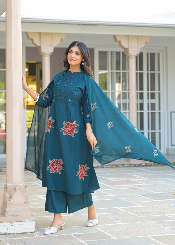 Graceful Teal Blue Embroidered Kurta Set with Dupatta