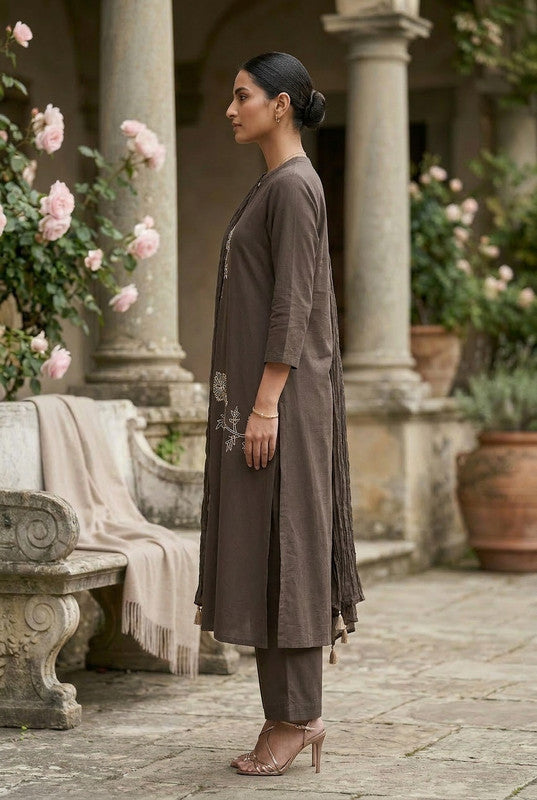 Brown Floral Embroidered Ethnic Cotton Kurta Pant with Matching Dupatta