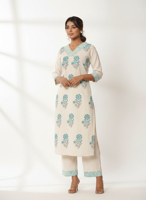Cream & Aqua Floral Printed Straight Kurta with Palazzo Pants