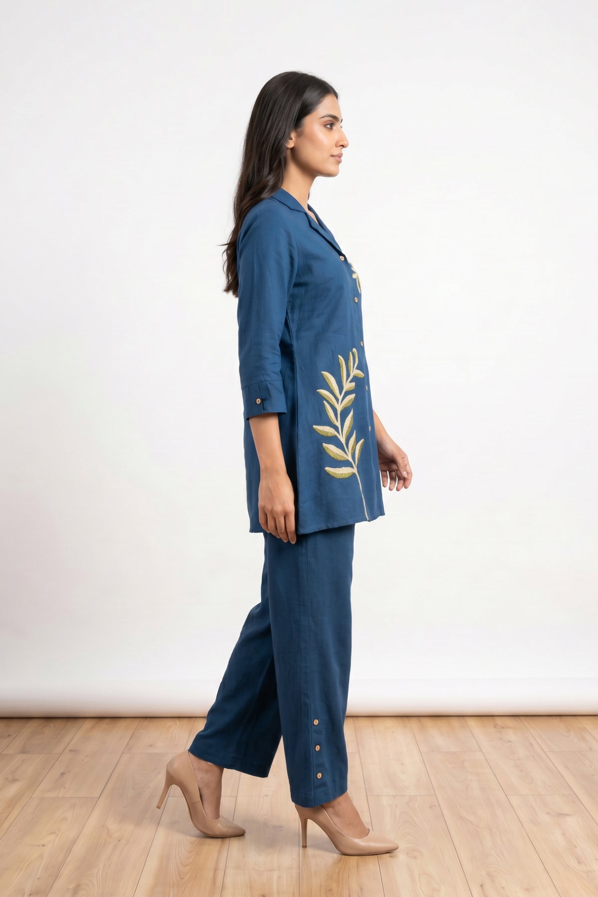 Teal Casual Chic Leaf Embroidered Cotton Co-ord Set