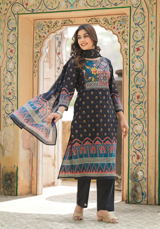 Classic Black Ethnic Printed Kurta Pant Set with Dupatta