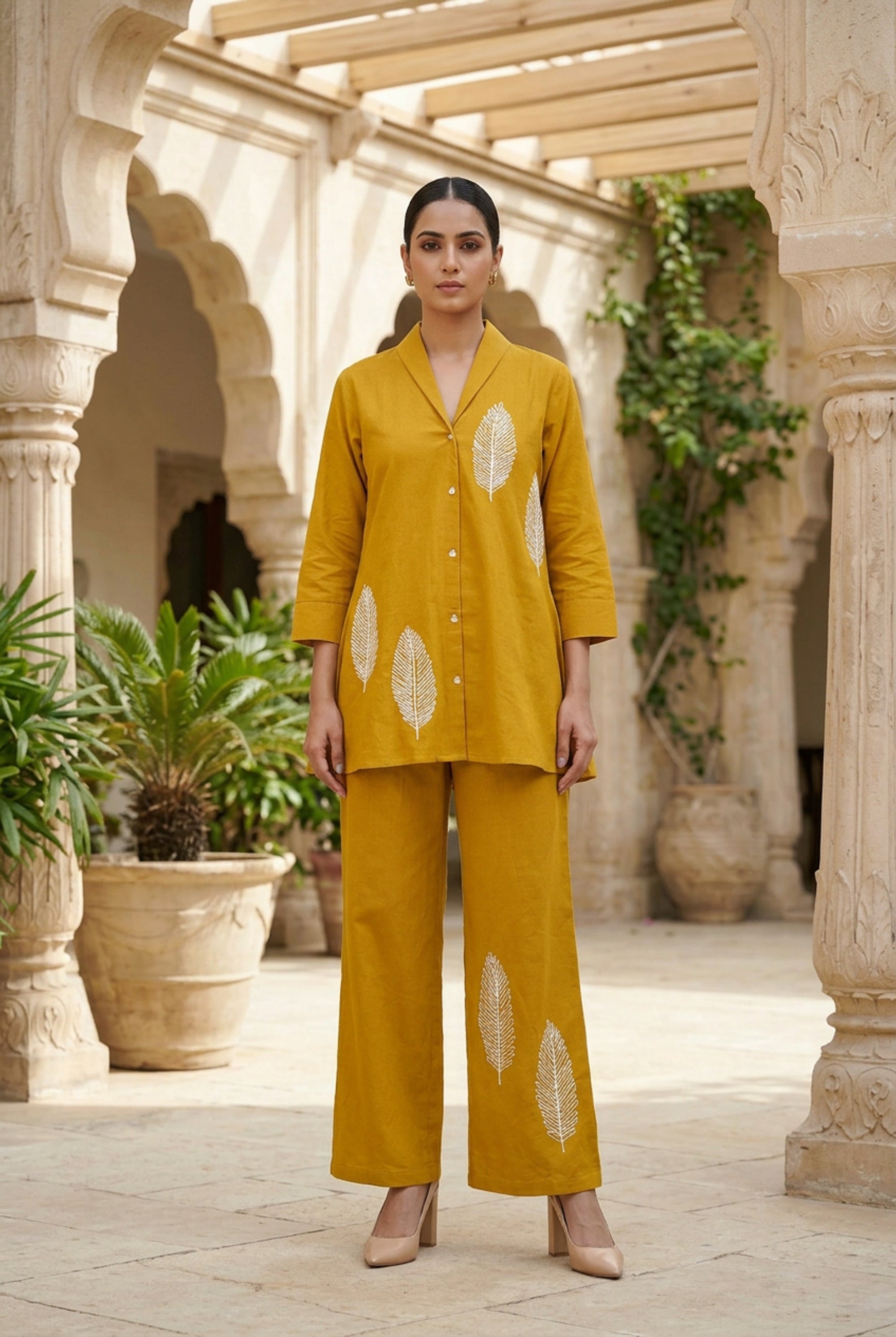 Mustard Nature Leaf Embroidered Two-Piece Cotton Co-ord Set