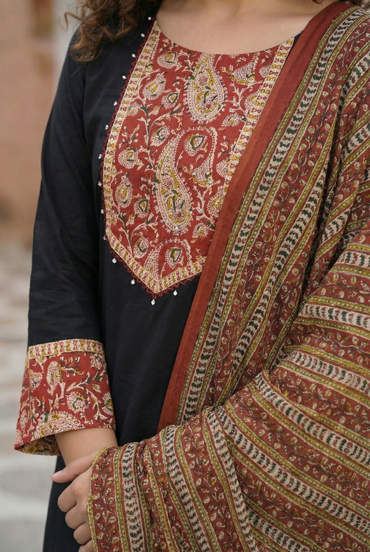 Classic Black Ethnic Kurta Set with Printed Dupatta