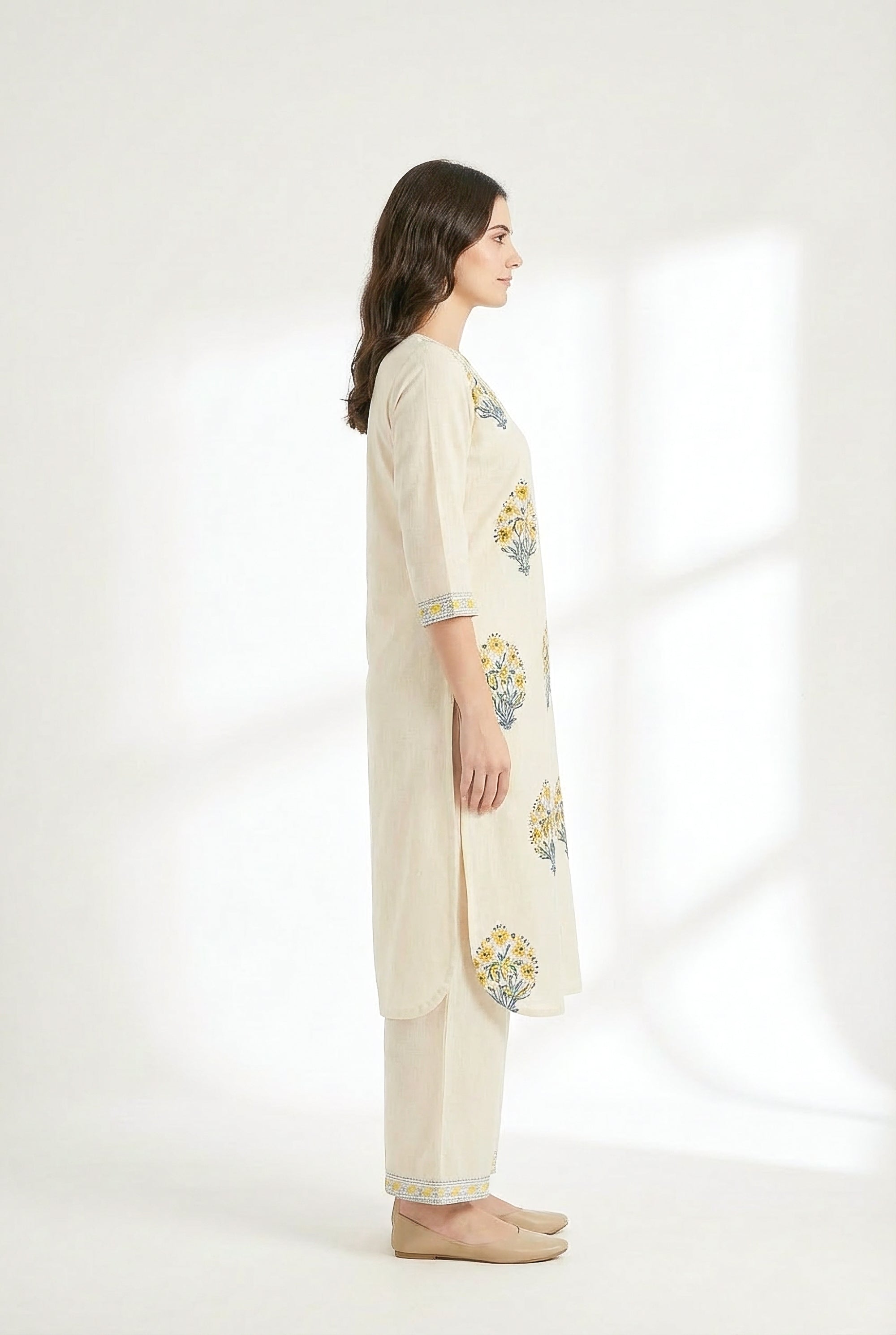Classic Ivory & Mustard Botanical Printed Kurta Pant Set