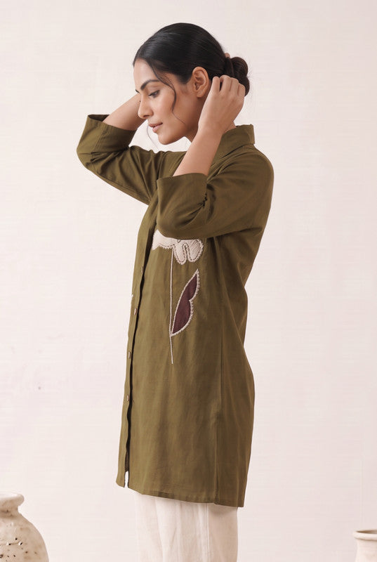Olive Green Cotton Flex Floral Embroidered Shirt Tunic