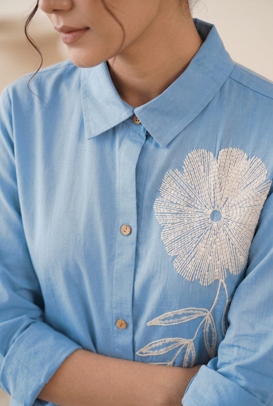 Powder Blue Cotton Flex Floral Embroidered Shirt Tunic