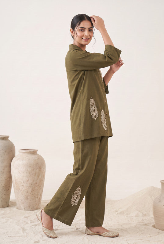 Olive Green Cotton Flex Leaf Embroidered Co-Ord Set