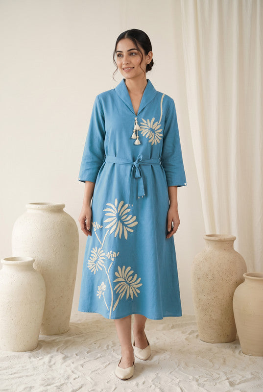 Sky Blue Cotton Flex Floral Embroidered A-Line Dress