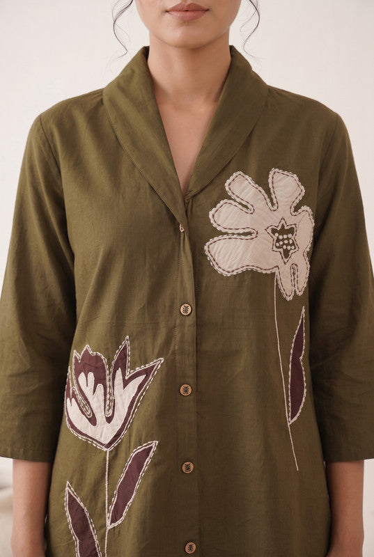 Olive Green Cotton Flex Floral Embroidered Shirt Tunic