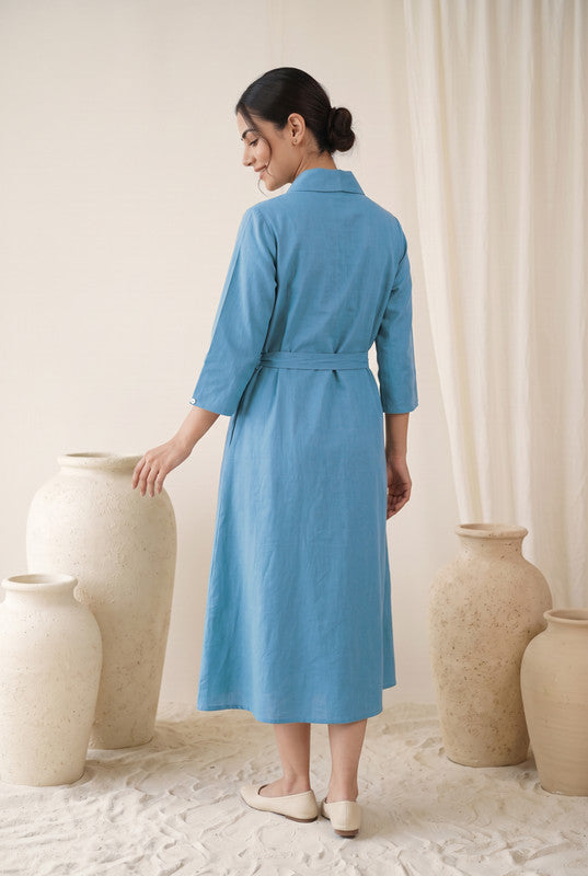 Sky Blue Cotton Flex Floral Embroidered A-Line Dress