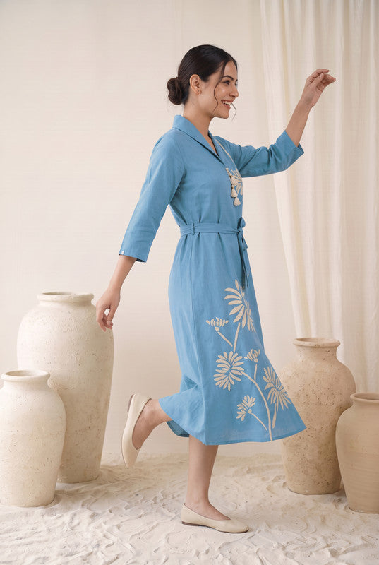 Sky Blue Cotton Flex Floral Embroidered A-Line Dress
