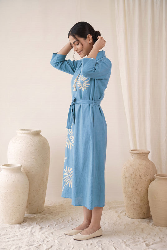 Sky Blue Cotton Flex Floral Embroidered A-Line Dress