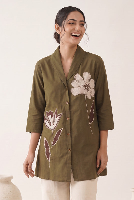 Olive Green Cotton Flex Floral Embroidered Shirt Tunic