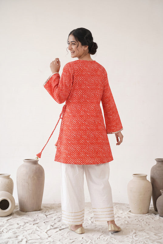 Red  Printed Cotton Flex Wrap Style Top  Set