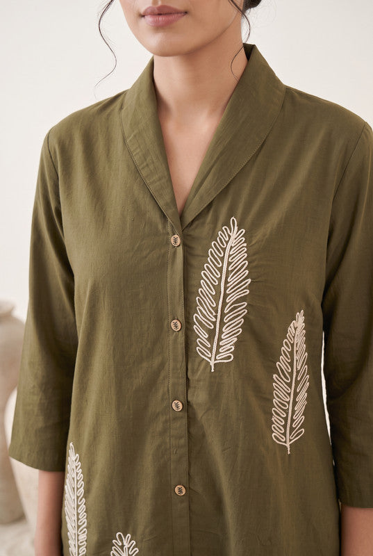 Olive Green Cotton Flex Leaf Embroidered Co-Ord Set