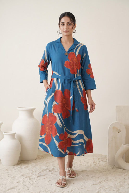 Azure Blue Floral Printed Cotton  Flex Dress