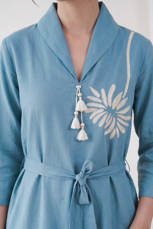 Sky Blue Cotton Flex Floral Embroidered A-Line Dress