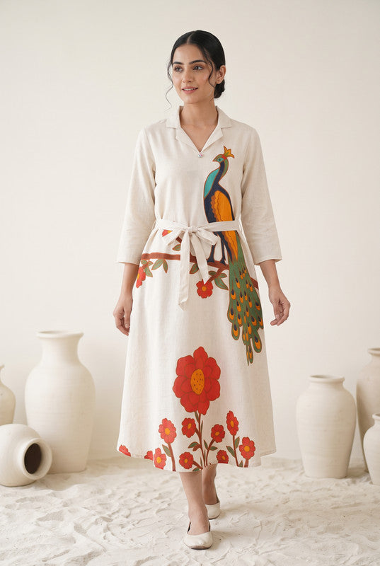Ivory Off White Cotton Flex Peacock Print  Dress