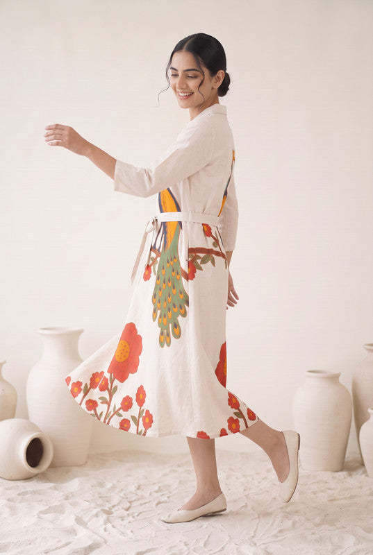 Ivory Off White Cotton Flex Peacock Print  Dress
