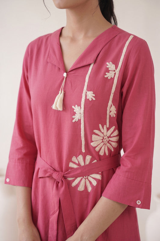Rose Pink Cotton Flex Floral Embroidered  Dress