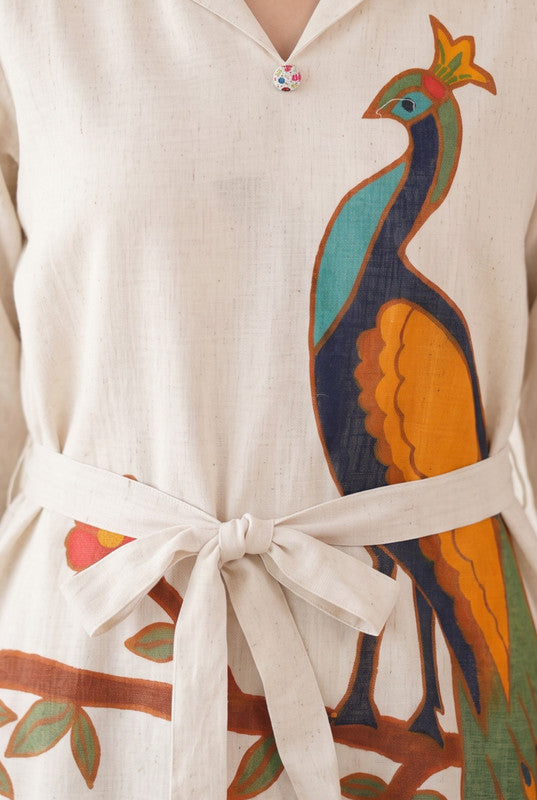 Ivory Off White Cotton Flex Peacock Print  Dress