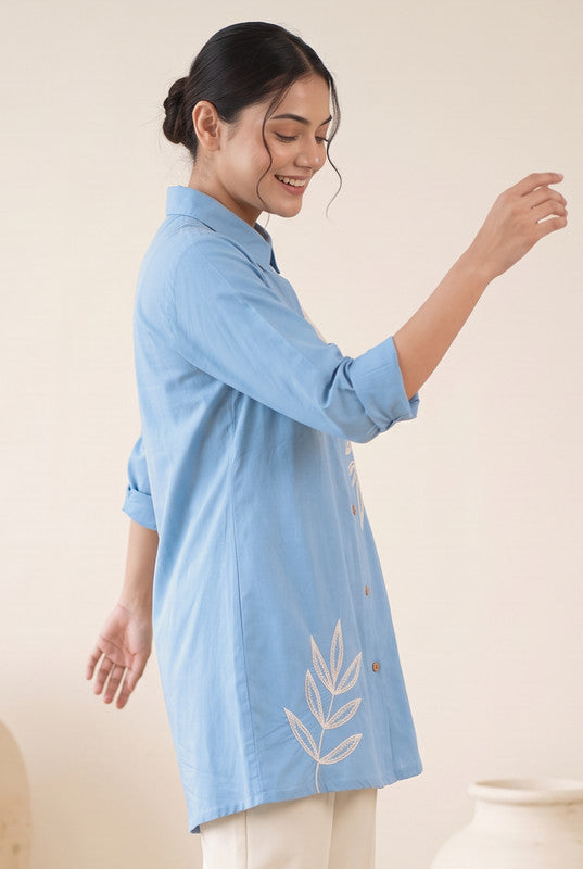 Powder Blue Cotton Flex Floral Embroidered Shirt Tunic