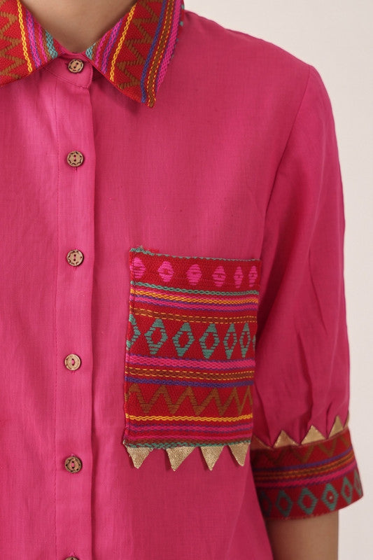 Solid Pink Cotton Flex Shirt Style Co-Ord Set