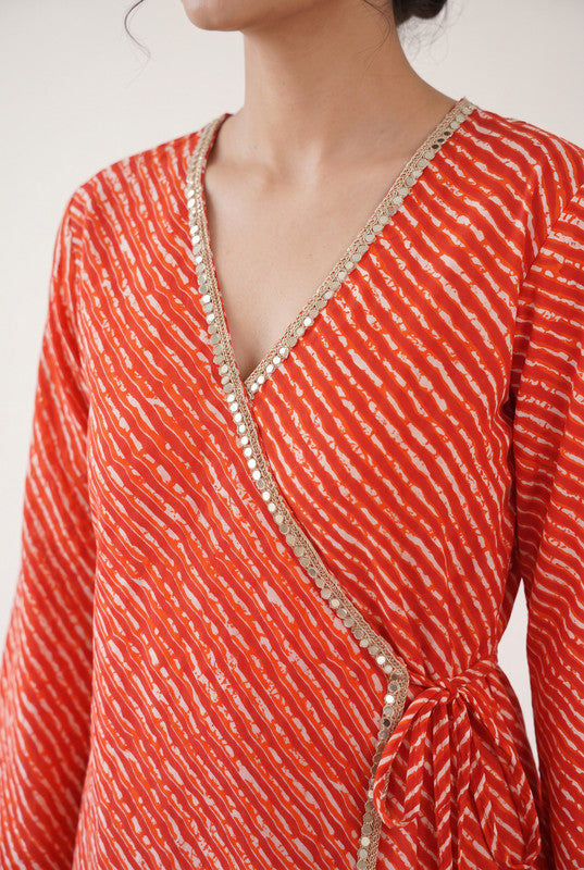 Red  Printed Cotton Flex Wrap Style Top  Set