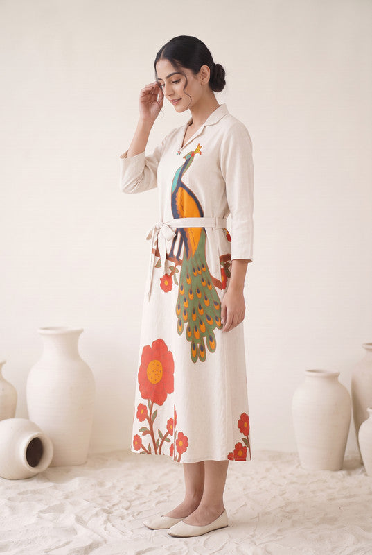 Ivory Off White Cotton Flex Peacock Print  Dress